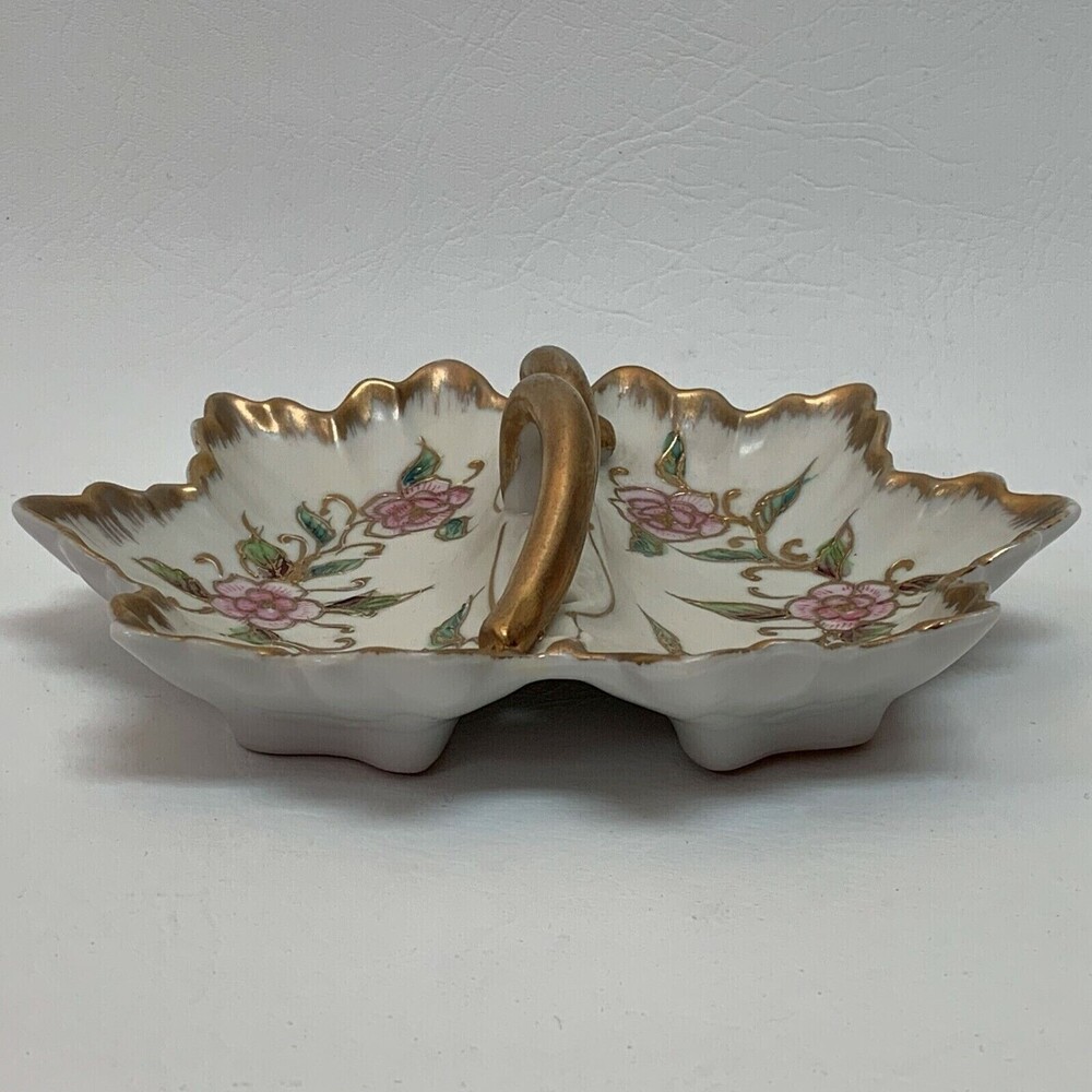 Vintage Porcelain Ashtray Divided Dish Ivory Gold Trim Floral Handle Multi-color - Picture 3 of 6